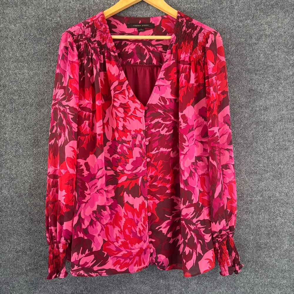 CYNTHIA STEFFE Womens Floral Long Sleeve Button Front Top Size 1X Pink Office